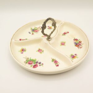 divided ceramic platter with metal handle decorated with flowers