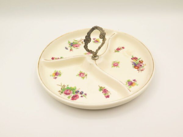 divided ceramic platter with metal handle decorated with flowers