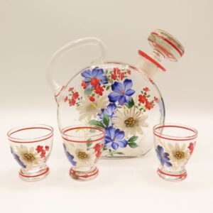 glass decanter set decorated with flowers