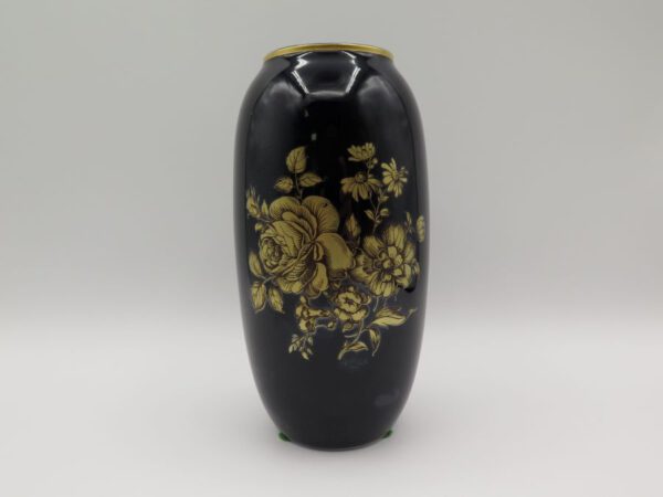 blue ceramic vase with gold flowers