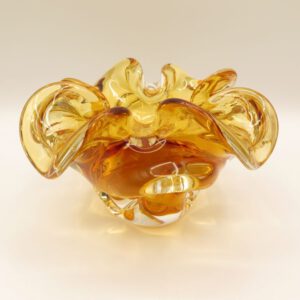 amber and clear glass dish with wavey top edge